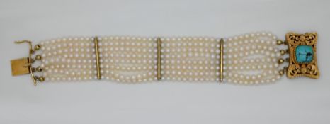 1 sechssträngiges Perlarmband D bis zu ca. 4mm Verschluss undeutl. gest./wohl GG 14ct.