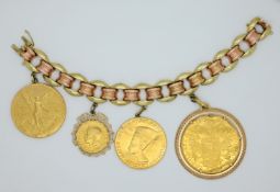 1 Bettelarmband GG /RG 14ct. mit 4 Münzanhängern wohl je GG