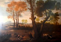 1 Ölgemälde „Landschaft mit Kuhhirten“ wohl 18./19. Jh., doubliert, Rahmen besch., Asp.