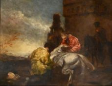 1 Ölgemälde wohl unsign. „Personen mit Pferden vor Gebäude“ Öl / Malkarton ca. H 53 x B 64 cm, Asp.