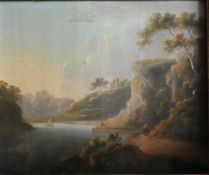 1 Ölgemälde unsign., 18./19. Jh., „Landschaft mit Fluss und Personen“