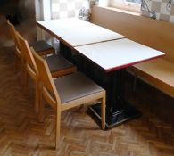 6 kleine Tische und 1 großer Tisch mit 6 Stühlen, Holz mit Kunstlederbezug, je Gsp./Asp.