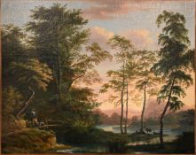 1 Ölgemälde "Romantische Flusslandschaft mit Rotwild und heimkehrendem Jäger" r.u. sign. X. LAURENT 