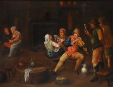 1 Ölgemälde "Wirtshausszene mit Ständchen" unsign. (wohl Flämisch, 17./18. Jh.) 
