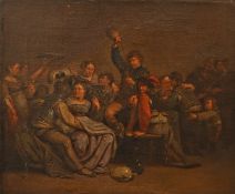 1 Ölgemälde "Wirtshausszene-Festmahl der Händler"unsign./auf Rahmen bez. Jan LYS 