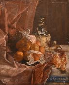 1 Ölgemälde "Stillleben mit Orangen, Chiantiflasche und zerbrochenem Römerglas" r.o. unter Rahmen si