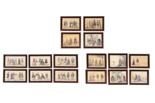 A COLLECTION OF 16 PENCIL DRAWINGS DEPICTING VARIOUS PERIODS OF CLASSICAL ENGLISH ATTIRE Framed and