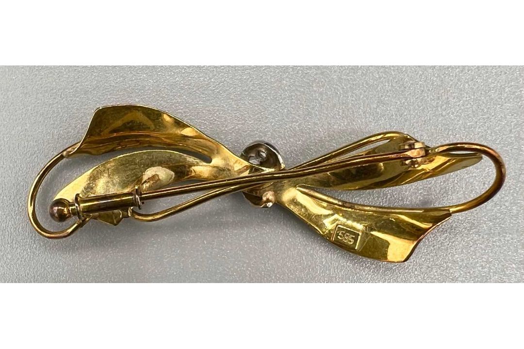 Gold 585 Brosche / Nadel mit Diamanten Brosche, Schleife, ca. 4,27g - Bild 2 aus 3