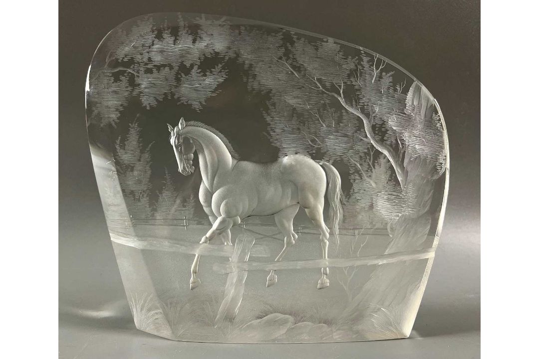 Vladimír Skála für Moser, Kristallglas Skulptur / Glasskulptur Pferd, Tiefengravur um 1993 - Bild 1 aus 9