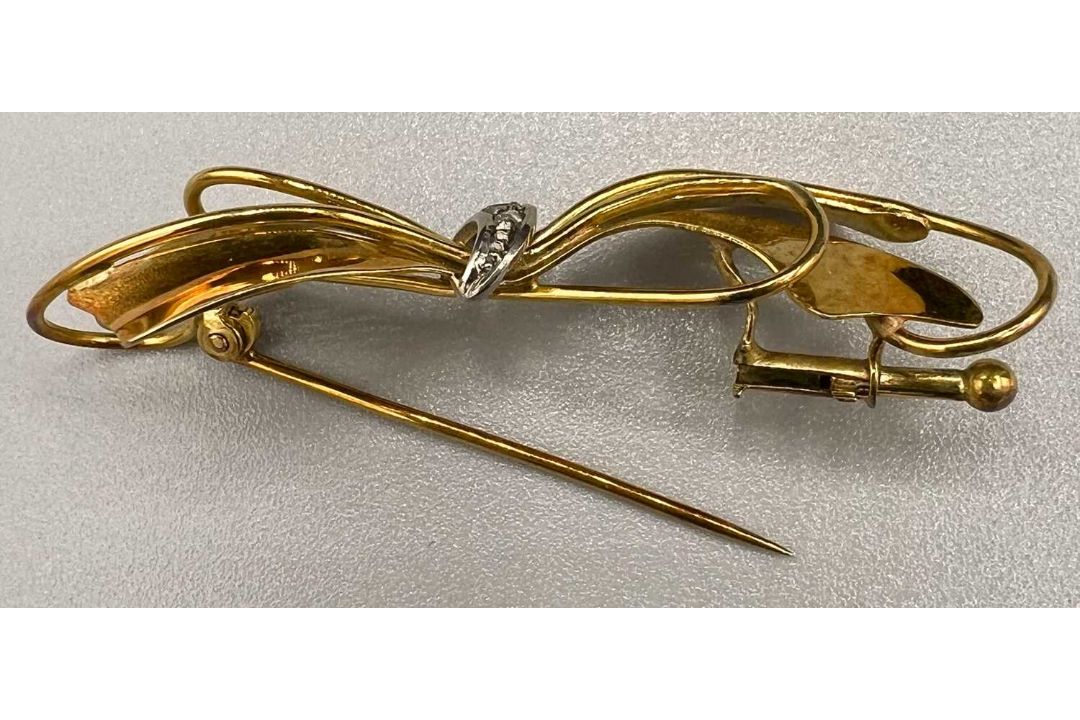 Gold 585 Brosche / Nadel mit Diamanten Brosche, Schleife, ca. 4,27g - Bild 3 aus 3