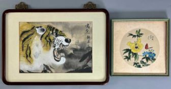 Asiatika 2 Malereien Teresa Chan (20. Jh.) Tiger Tusche und Seidenmalerei wohl China Schmetterling