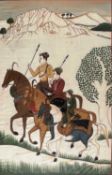 Asiatika wohl Indien Rajasthani oder Mogul Textilmalerei, wohl drei Prinzen zu Pferd, 112x81cm