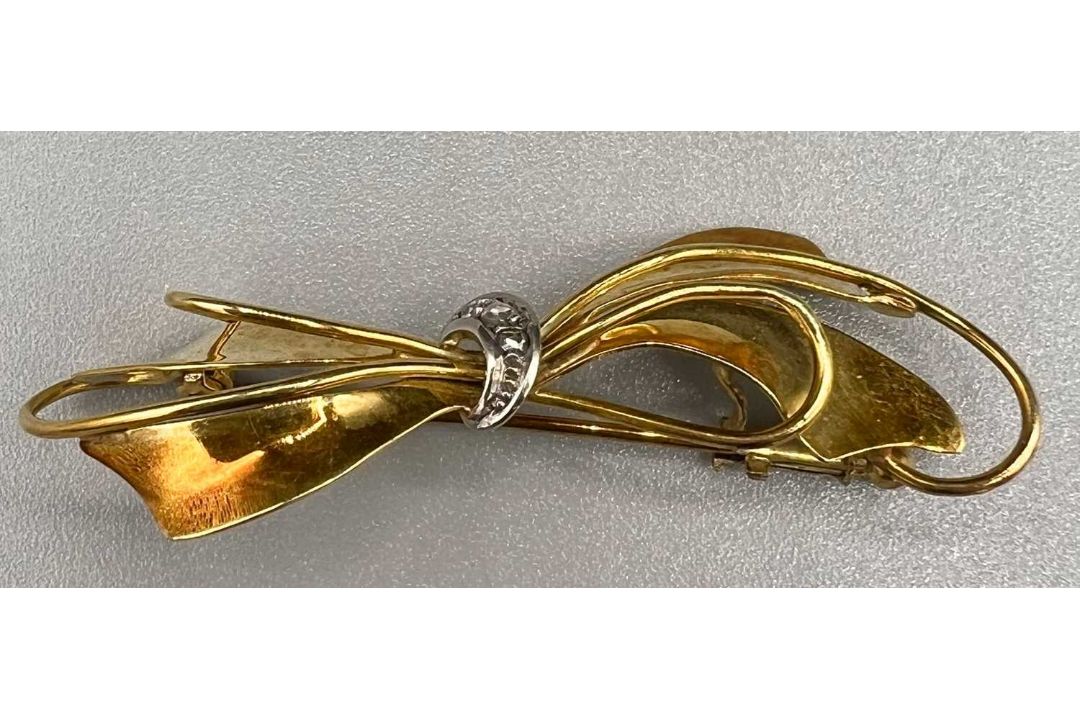 Gold 585 Brosche / Nadel mit Diamanten Brosche, Schleife, ca. 4,27g - Bild 1 aus 3