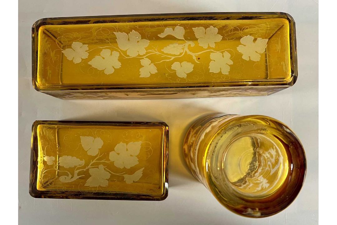 Böhmisches Glas, 3 teiliges Set mit Jagdmotiven, Bernstein Farben Amber - Bild 4 aus 4