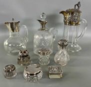 Kristallglas Konvolut mit Silber Montierungen, Claret Jug um 1900, Karaffen, Dosen, tlw. England