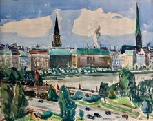 Hops, Tom (1906-1976), Aquarell Hamburg mit Außenalster, St. Jacobi und St. Petri