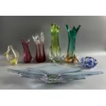 Glasvasen Konvolut 7 vintage Designer Vasen, u.a. Val Saint Lambert + wohl Murano, mid-century