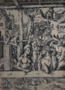 Dürer, Albrecht (1471-1528) nach, zwei alte Druckgrafiken, wohl Holzschnitt, Männerbad u Familie
