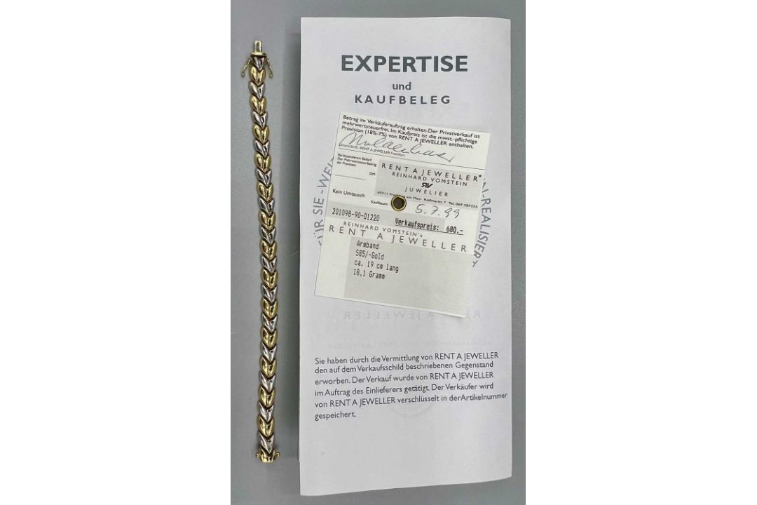 Gold 585 Bicolor-Armband, 14 Karat, mit Expertise, ca. 20cm lang, ca. 18,1g - Bild 1 aus 7