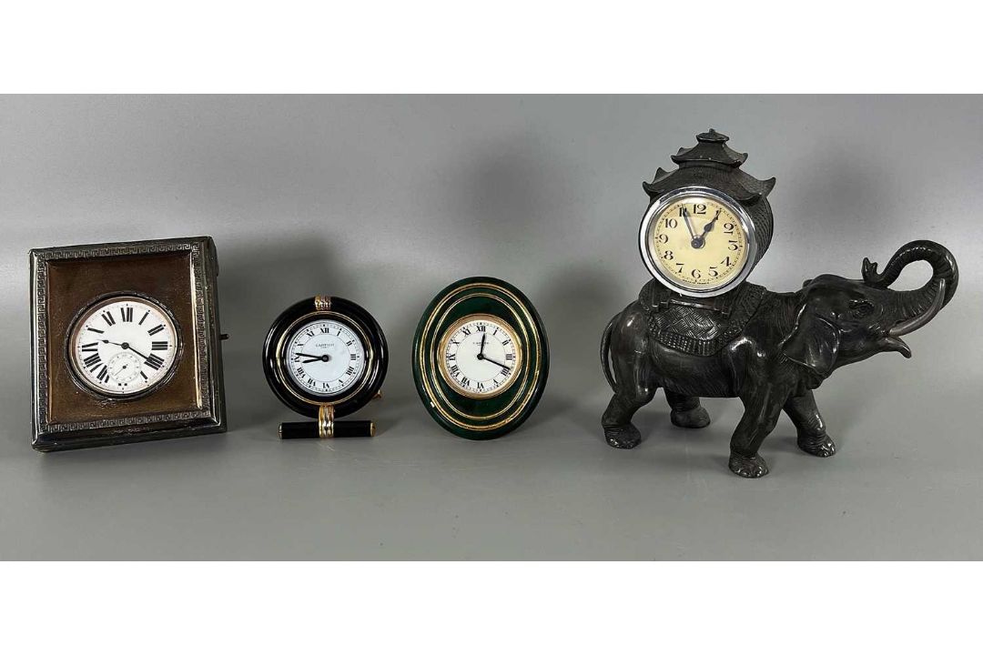 Tischuhren, Reiswecker und Figurenuhr Konvolut, 2x Cartier Paris, Asiatika Elefant und Taschenuhr - Bild 1 aus 24