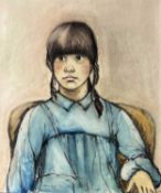 Sachs, Karin (tätig um 1981), Aquarell mit Kohle Malerei, Portrait Mädchen, Nachlass Lallah