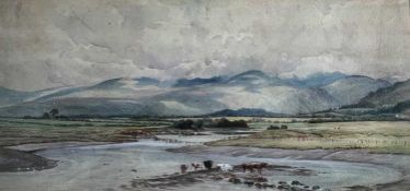 Stocks, Walter Fryer Stocks (1842-1915) Zuschreibung, Aquarell Landschaft mit Gebirge, Wasser Kühe
