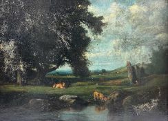 Dupré, Jules (1811-1889) Umkreis, Ölgemälde Landschaft mit Kühen, beschädigt, unles. signiert, 126cm
