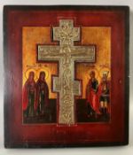 Ikone mit Kreuz, wohl Russland 19. Jhdt., mit Begleitfiguren, Staurothek