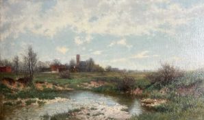 Herrmann, Philipp Ludwig (1841-1894), Ölgemälde Landschaft Dorf mit Moor, evtl. bei Allach München