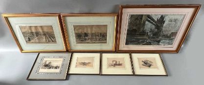 Historische Druckgrafiken Konvolut, darunter China Peking Western Gate Allom, Tower Bridge, Roberts