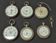 A collection of six continental silver fob watches inc 3 935 silver cased, 104.7g gross, one