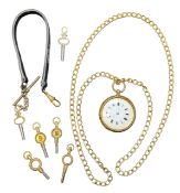 A Swiss 14ct gold open face fob watch, engraved and chased with leaves, white dial with floral