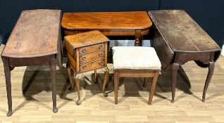 A George II oak dropleaf dining table; another; a George IV D-end side table; a Queen Anne style