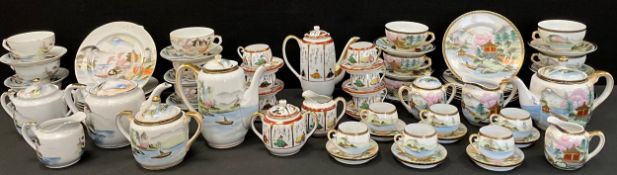 Japanese ceramics - a Kutani egg-shell tea service for six, comprising teapot, teacups and