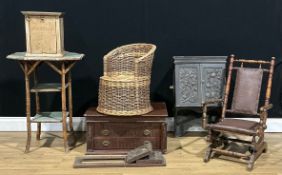 An early 20th century child’s spring rocking chair; an Arts & Crafts oak wall cupboard; an Aesthetic