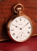 A Waltham 9ct gold open face pocket watch, white enamel dial with Roman numerals, subsidiary seconds