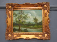 C. Innes oil on canvas spray mounted on board of river scene, in gilt frame approx 34cm x 29cm