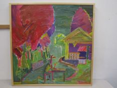 Large vibrant abstract oil on canvas 'Chapter Three' unsigned possibly Ross Gray  103x103cm all