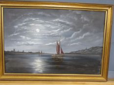 Dutch Barge by Moonlight, framed oil on canvas signed A. Lewis '85, approx 85.5cm x 59.5cm