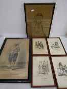 set 4 antique French prints, Persian hand tinted and print and one other