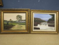 2 gilt framed oil on canvas nature scenes, signed A Lewis '86, approx 55.5cm x 45.5cm