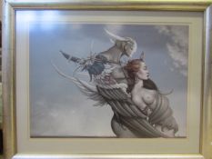 Michael Parkes 'Diamond Warrior' A winged warrior protecting a graceful figure. Mounted. framed