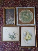 Chinese silk embroidery, floral watercolour, pressed flower arrangement and Chinese painting on