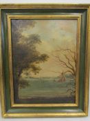 19thC Signed oil on canvas of a coastal landscape with sail boats in gilt wood frame 45x55cm