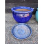 Large blue glazed ceramic pot 50cm dia 32cmH with saucer hairline crack to rim, as pictured
