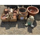 Qty terracotta garden pots and bear ornament