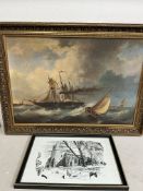 A gilt framed canvas seascape (60x61cm) print and print of a Benfleet church