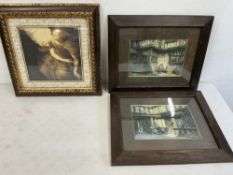2 oak framed prints and giltwood framed print