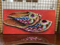 Debbie Boon 'Sultans Slippers' mixed media picture with sequined details to shoes, very bright and
