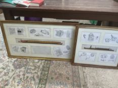 2 pencil and watercolour pictures of narrow/ barge boats